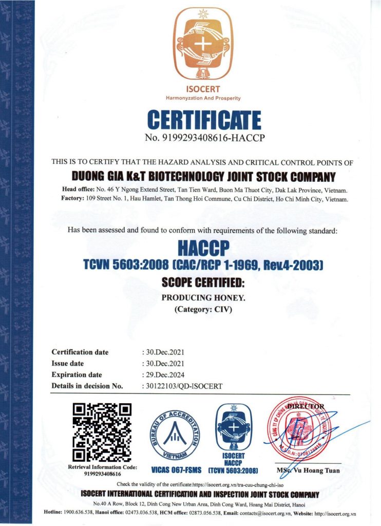 Chung nhan chat luong mat ong luong tu ez của HACCP 2
